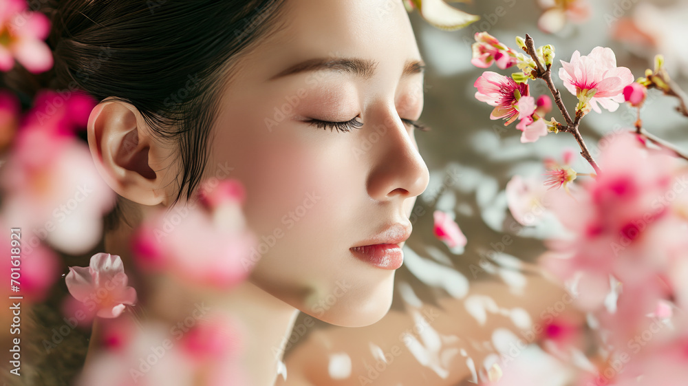 Portrait of beautiful Japanese enjoying spa surrounded by flowers, spa concept, skincare Portrait of beautiful Japanese enjoying spa surrounded by flowers, spa concept, skincare