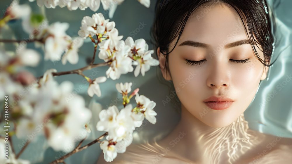 Portrait of beautiful Japanese enjoying spa surrounded by flowers, spa concept, skincare