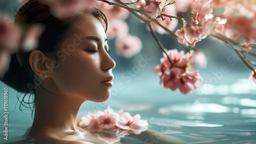 Portrait of beautiful Japanese enjoying spa surrounded by flowers  spa concept  skincare