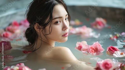 Portrait of beautiful Japanese enjoying spa surrounded by flowers, spa concept, skincare