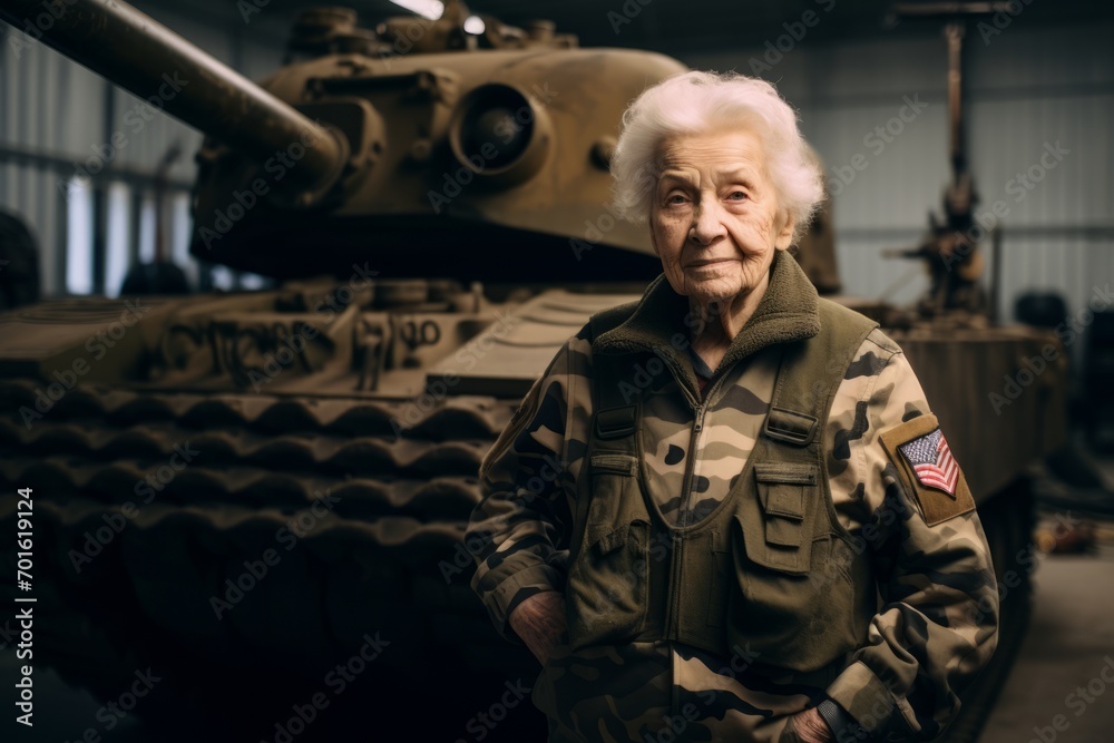 Portrait of an elderly soldier standing in front of a tank.