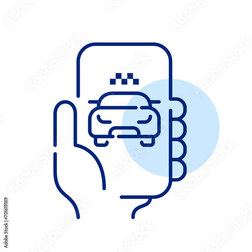 Cab app. Taxi with checkered sign on top. Hand holding smart phone. Pixel perfect, editable stroke icon