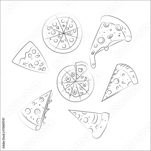 Pizza doodle monochrome seamless pattern. 