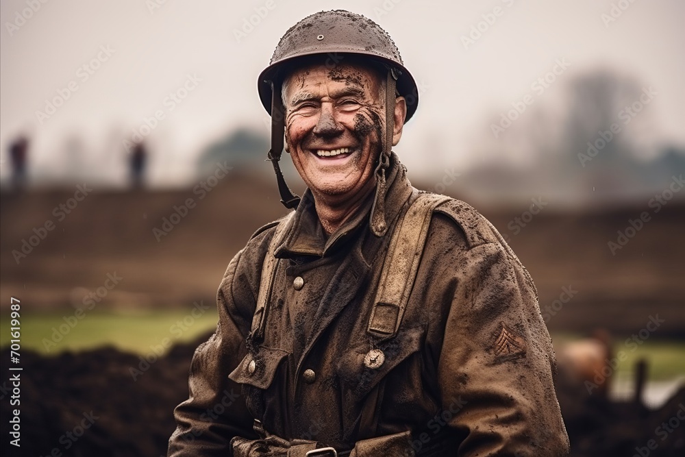 Portrait of an old man in WW2 military uniform smiling at the camera