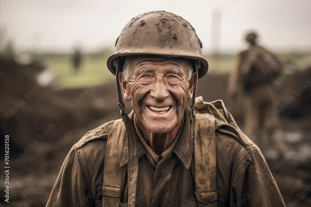 Portrait of an elderly soldier in a helmet on the battlefield.