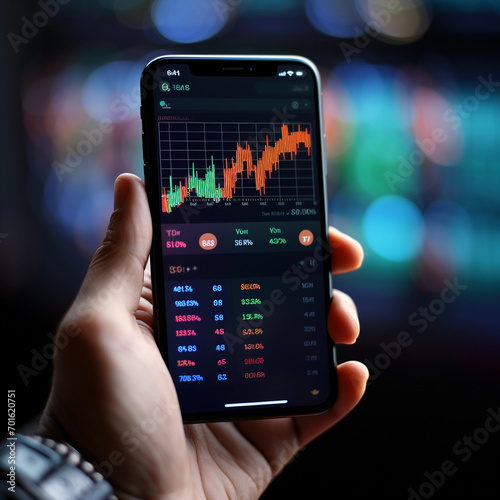 Close up of hand holding smartphone with stock chart trading interface on blur background 