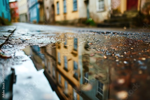 Old town tenements reflecting in a puddle after rain. 