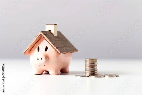 Piggy bank with roof and coins. Saving up money to buy own house. Finance, property purchase, mortgage, home loan concept photo