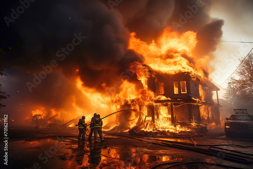 A house on fire with firemen in front of it. A burning house in flames during the day photo