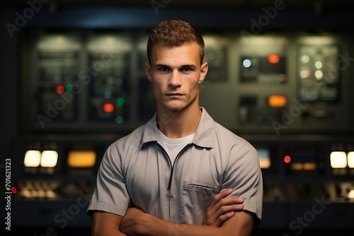Portrait of handsome young man standing with arms crossed in industrial factory © Nerea
