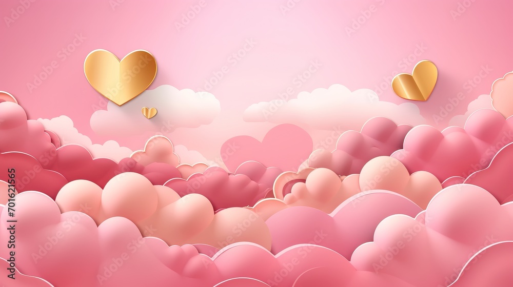 Valentine's day concept background. Vector illustration. 3d gold paper cut hearts with pink clouds. Cute love sale banner or greeting card. Generative Ai