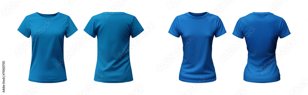 realistic set of female blue t-shirts mockup front and back view isolated on a transparent background, cut out - obrazy, fototapety, plakaty 