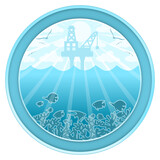 Oil rig on the blue ocean. Fish and coral reefs underwater, seagulls flying among the clouds in the blue sky, The sun shines brightly. Blue ocean concept, bright mood, framed in a blue round frame.