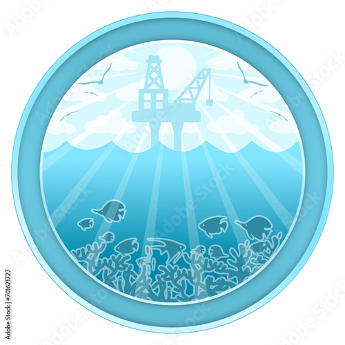 Oil rig on the blue ocean. Fish and coral reefs underwater, seagulls flying among the clouds in the blue sky, The sun shines brightly. Blue ocean concept, bright mood, framed in a blue round frame.