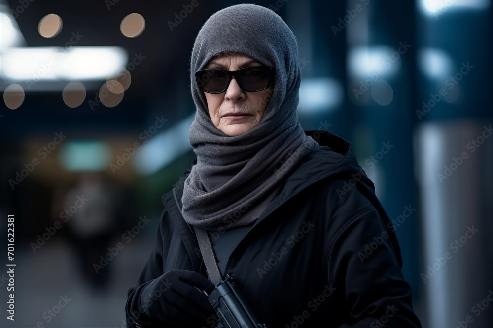 Portrait of a woman wearing a hood and sunglasses with a gun Portrait of a woman wearing a hood and sunglasses with a gun