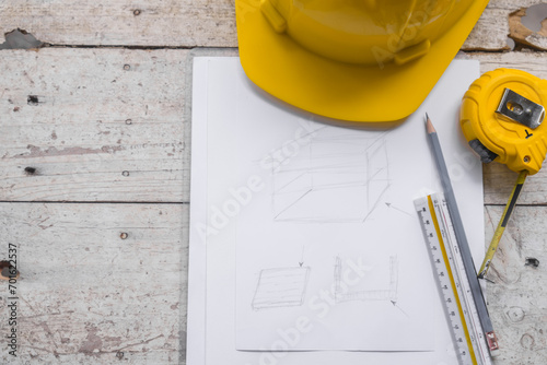 Top view construction tools such as a yellow hard hat, spirit level, measuring tape, folding ruler arrayed against a wooden plank background. photo