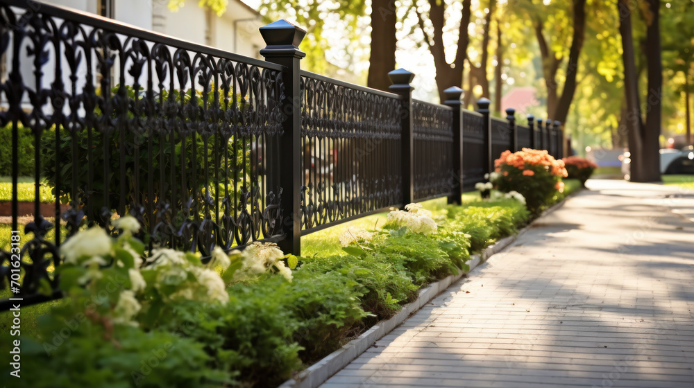 Obraz premium Image of Beautiful decorative cast iron wrought fence with artistic forging. Metal guardrail close up.