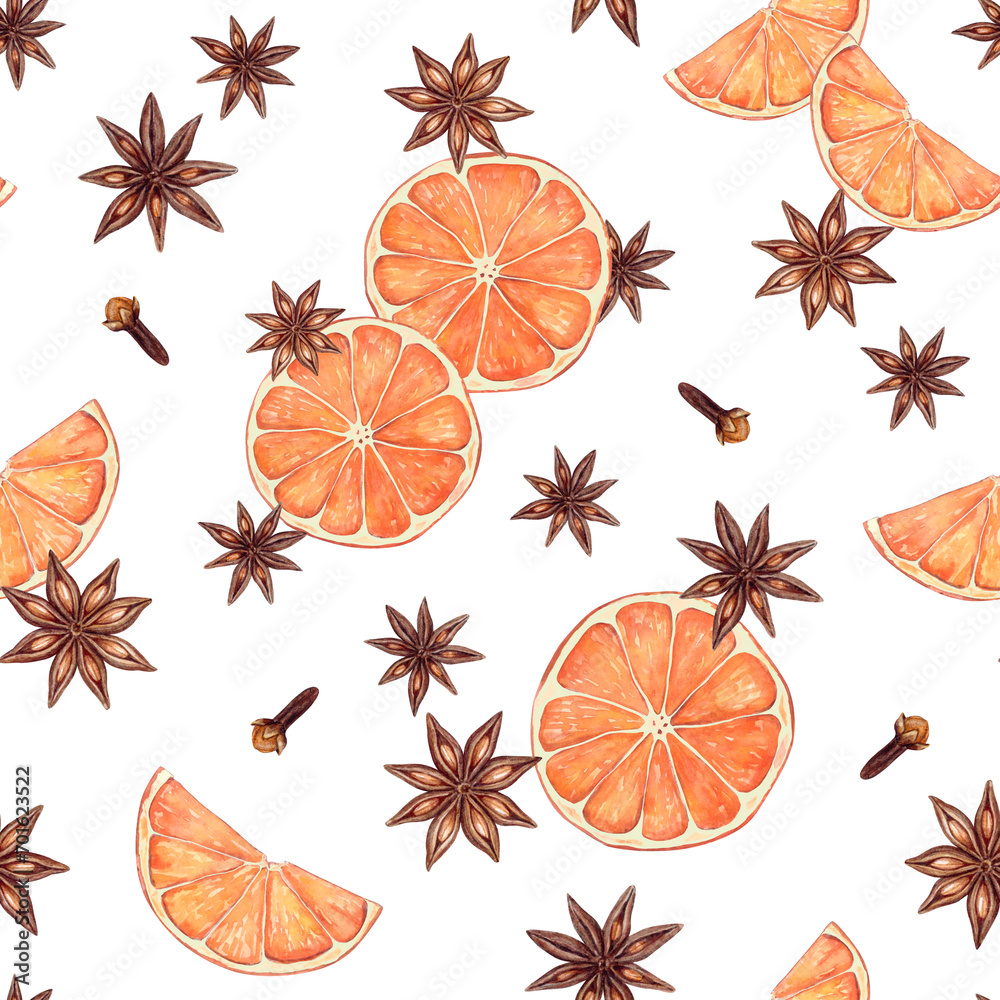 Seamless pattern with spices and oranges on a white background. Anise stars and spicy cloves are chaotically arranged between orange slices. Hand drawn with watercolor for fabric, packaging, wrapping. Seamless pattern with spices and oranges on a white background. Anise stars and spicy cloves are chaotically arranged between orange slices. Hand drawn with watercolor for fabric, packaging, wrapping.