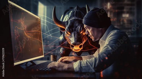Angry Bull trading with computer, Bullist in Stock market and Crypto currency. 