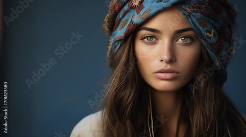 attractive young woman wearing boho style looking at camera. Portrait of young bohemian woman looking at camera against blue background  photo