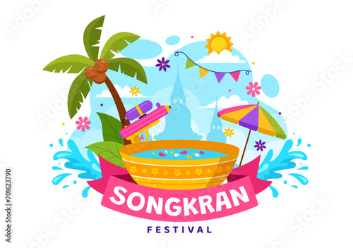 Happy Songkran Festival Day Vector Illustration with Kids Playing Water Gun in Thailand Celebration in National Holiday Flat Cartoon Background