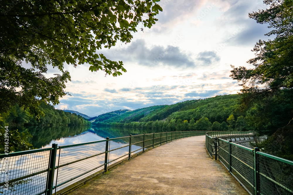 View of the Oestertalsperre and the surrounding nature. Landscape near Plettenberg in the Märkischer Kreis.
