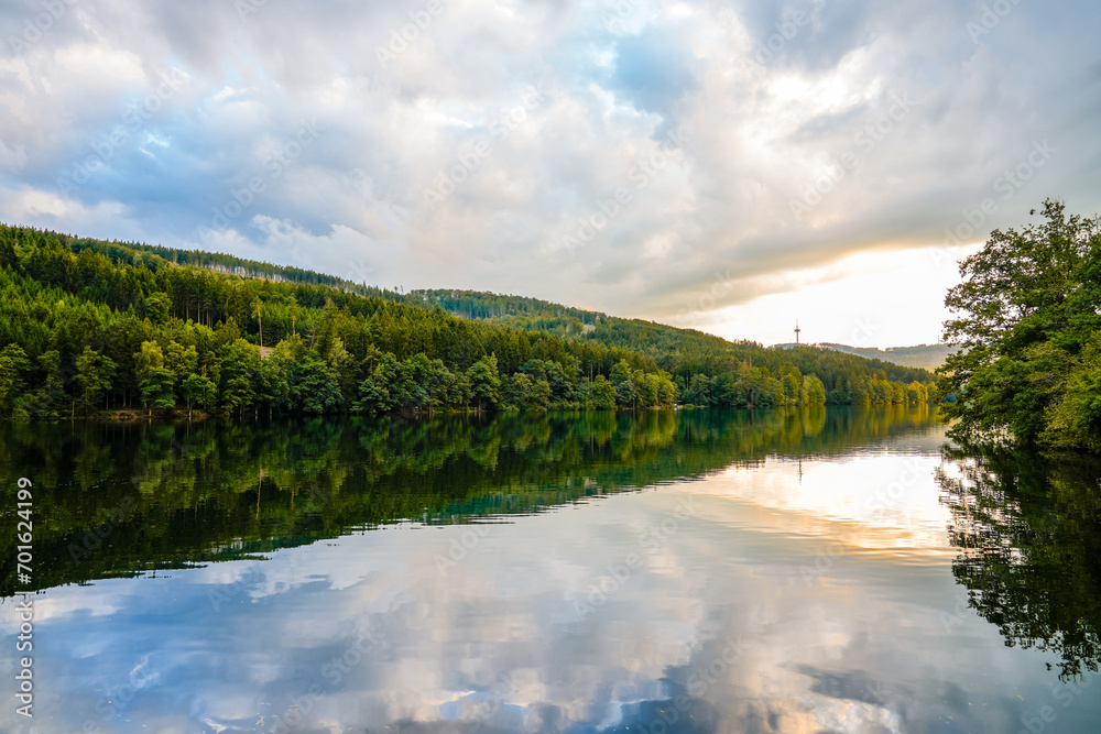 View of the Oestertalsperre and the surrounding nature. Landscape near Plettenberg in the Märkischer Kreis.
