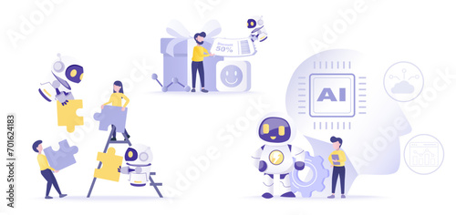Artificial Intelligence (AI) technology and business ideas collection set. Collaboration between human and AI robot, complete puzzle jigsaw, innovation, support, evolution, send coupon voucher.