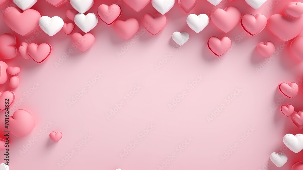 White frame and hearts pattern on pink background with Happy valentine day. Beautiful mini heart style. 3D rendering. Generative Ai