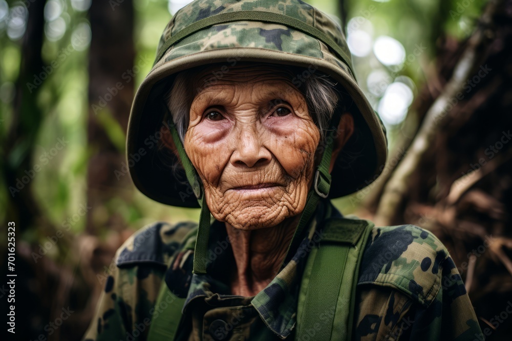 Old asian woman soldier with camouflage in the jungle. Selective focus.
