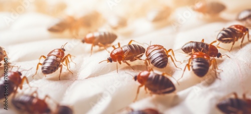 Close-up of bed bugs infestation on mattress fabric. Pest control and hygiene. © Postproduction