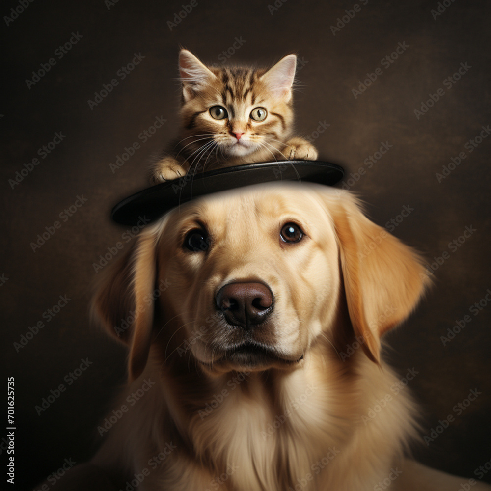 happy portrait of a golden retriever labrador dog with a kitten on his head