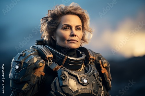 Portrait of a woman cosmonaut on the background of the sky