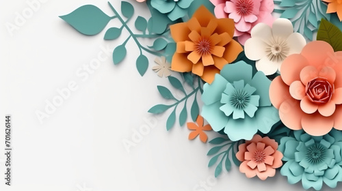 top view of multicolored paper cut flowers with green leaves. Generative Ai © HayyanGFX