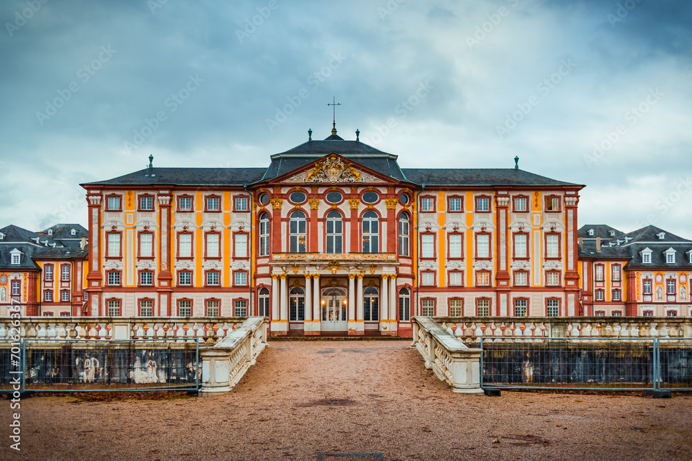 Bruchsal Palace - Baroque castle complex located in Bruchsal, Germany on winter days. Complex including  residential building, chapel, pavilions and garden - obrazy, fototapety, plakaty 