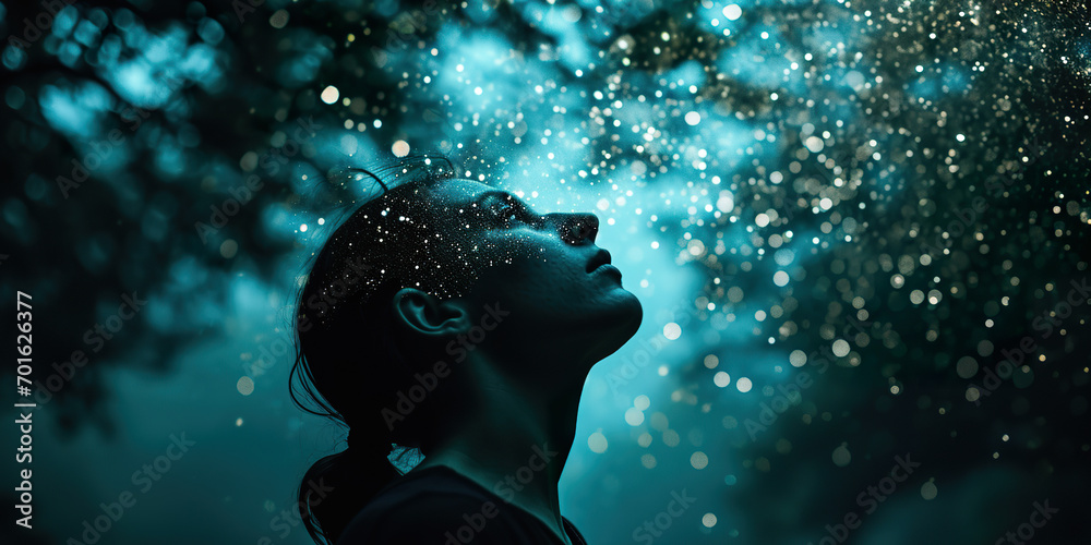 A person with a head full of glowing stars, looking up at the night sky.