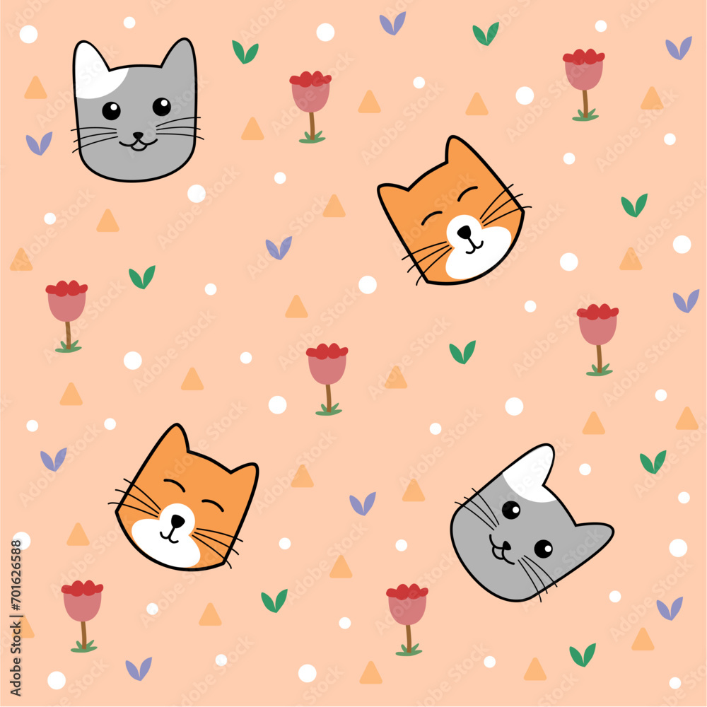 seamless pattern expression cats with flower 