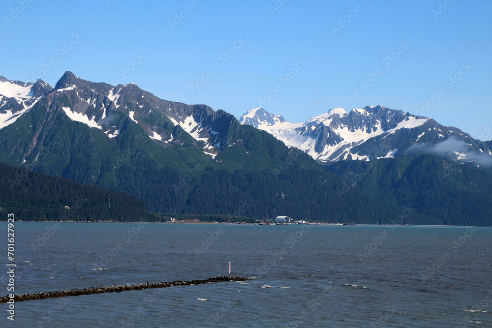 Mountain range in the Resurrection Bay seen from the port of Seward, Alaska  