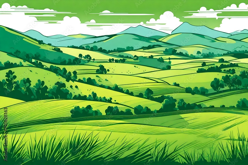 Vector sketch Green grass field on small hills. Meadow, alkali, lye, grassland, pommel, lea, pasturage, farm. Rural scenery landscape panorama of countryside pastures. illustration-