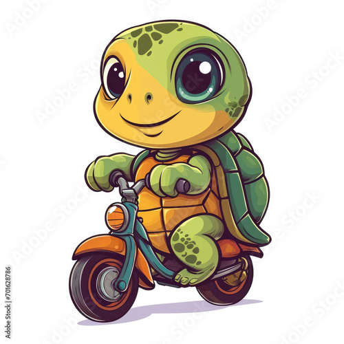 Happy cute turtle cartoon character riding a scooter on a white background  for sticker or t-shirt design
