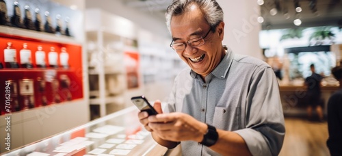 Smiling mature man using smartphone in electronics store. Modern technology and consumerism.