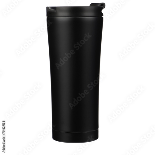 Thermos cup as a model, clean material. Black clean thermos cup with black lid, blank for text. Copy space. Isolated transparent background, png background. Different shooting angle. photo