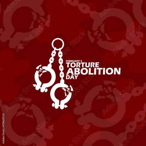 Torture Abolition Day event banner. A destroyed torture handcuff, with bold text on dark red background to commemorate on February 4