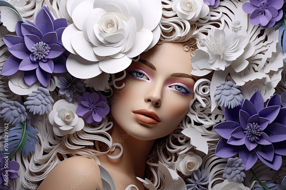 Female head with elaborate purple and white flower crown. A fictional character created by Generative AI. 