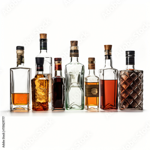 liquor bottles of different shapes isolated white background generative AI