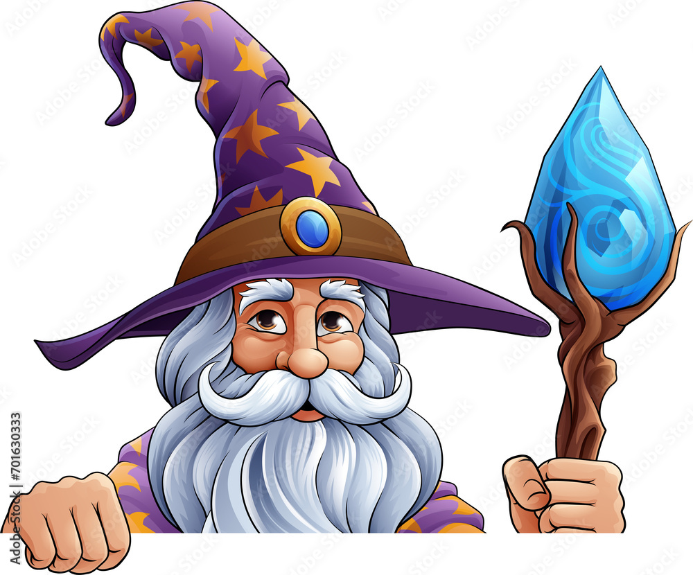Naklejka premium Wizard Merlin Cartoon Beard Magician Man Character