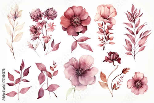 A bouquet of watercolor flowers in different shades of red, purple, and pink. © shelbys