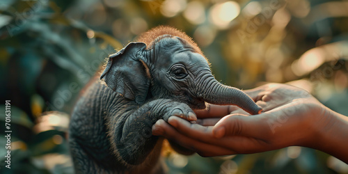 A tiny elephant sitting in the palm of a laughing person's hand