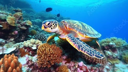 turtle with Colorful tropical fish and animal sea life in the coral reef