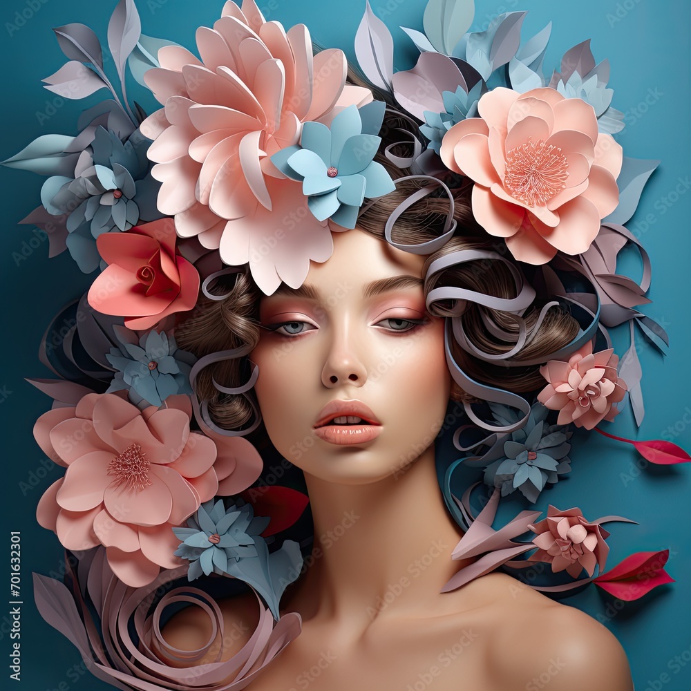 Female with flowers in her hair. A fictional character created by Generative AI. 